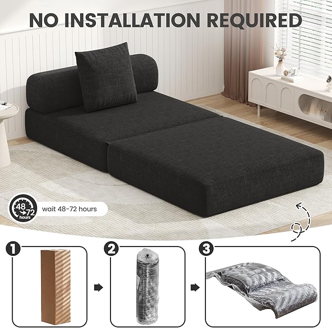 DURASPACE Folding Sofa Bed Convertible Foam Floor Sleeper Mattress Couch with Frame, Single Boneless Fold Out Lounger Chair Bed for Living Room Bedroom (Chenille Black)