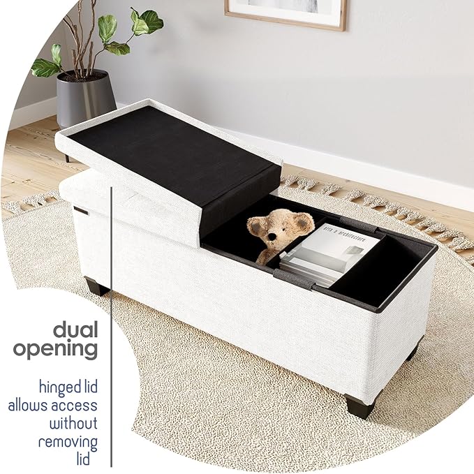 Storage Ottoman Bench with Bins, 43-in Storage Bench for Bedroom End of Bed, Folding Foot Rest Ottoman for Living Room Max 660lbs, Fabric Ottomans, Cream