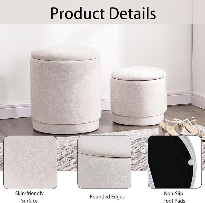 Homebeez Round Storage Ottoman Set of 2, Chenille Fabric Stool with Removable Lid, Multifunctional Foot Rest Pouf for Living Room, Bedroom, Dorm, Supports 300 lbs, Beige