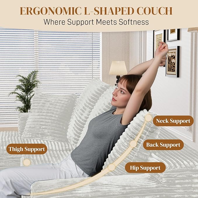 108" Boneless Cloud Sectional Couches for Living Room, Comfy Fluffy L Shaped Memory Foam Deep Seat Boneless Couch, Modular Sectional Sofa with Left Facing Chaise, White
