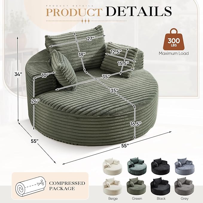 JEEOHEY Modern Round Accent Sofa Chair for Living Room, Upholstered Corduroy Barrel Lounge Arm Chair with Large seat&Throw Pillows for Bedroom, Office, Apartment, Green