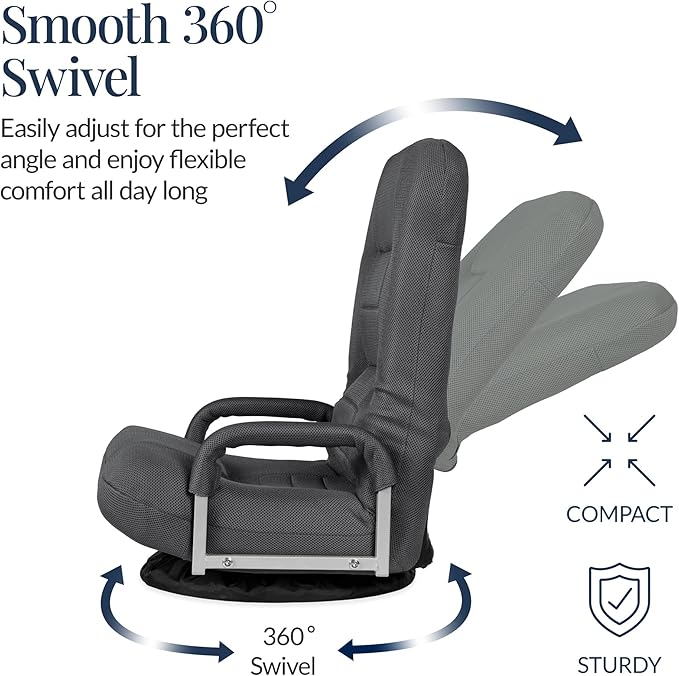 Best Choice Products Swivel Gaming Chair 360 Degree Multipurpose Floor Chair Rocker for TV, Reading, Playing Video Games w/Lumbar Support, Armrest Handles, Adjustable Foldable Backrest - Dark Gray