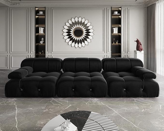 JACH Modular Sectional Couch, Modern Deep 3-Seat Couches, 104'' Minimalist Teddy Velvet Sectional Sofas, Convertible Sleeper Soft Sofa for Living Room Apartment (Black)