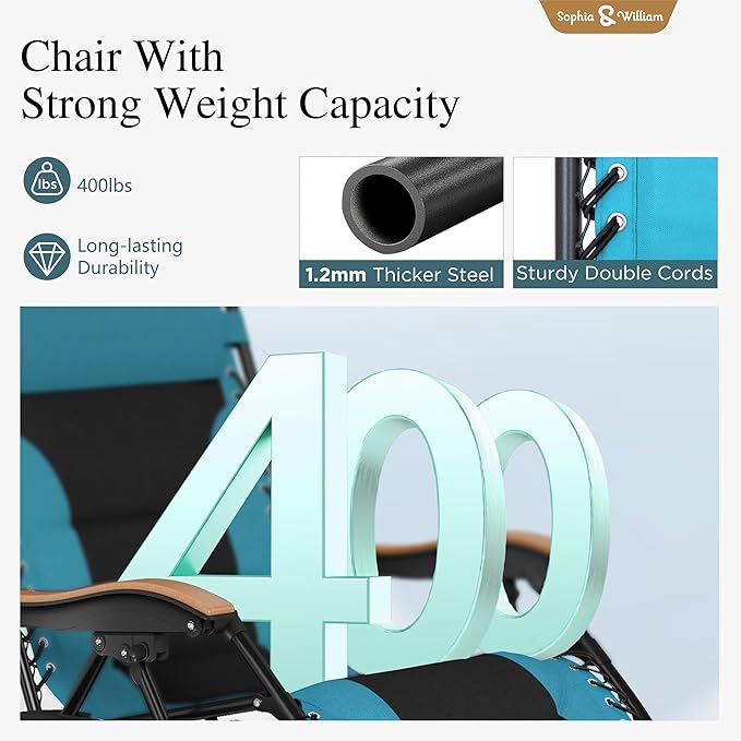 Sophia & William Oversized XL Zero Gravity Recliner Chair Set of 2 Padded Adjustable Folding Reclining Lounge Chair with Wide Armrest and Cup Holder, Support 400 LBS, Aqua