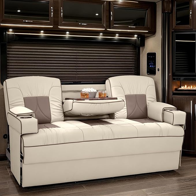 Qualitex De Leon Console SL RV Sofa Bed, 74" Wide, Ulitmate Leather, Bisque and Light Antelope