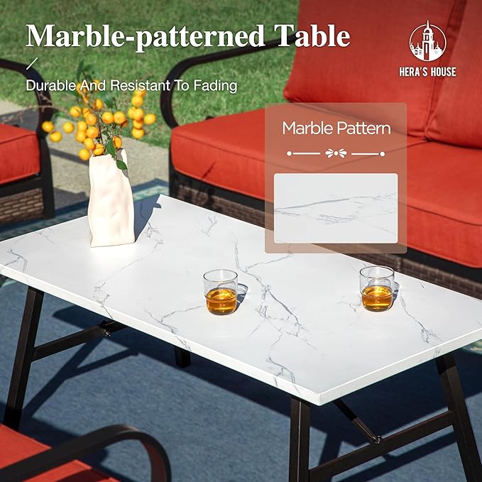 HERA'S HOUSE 4 Piece Metal Patio Furniture Set, All Weather Outdoor Conversation Set with 3 Seat Sofa, 2 x Cushioned Fixed Chair & Coffee Table, Seats 5 for Backyard, Garden, Deck, Red
