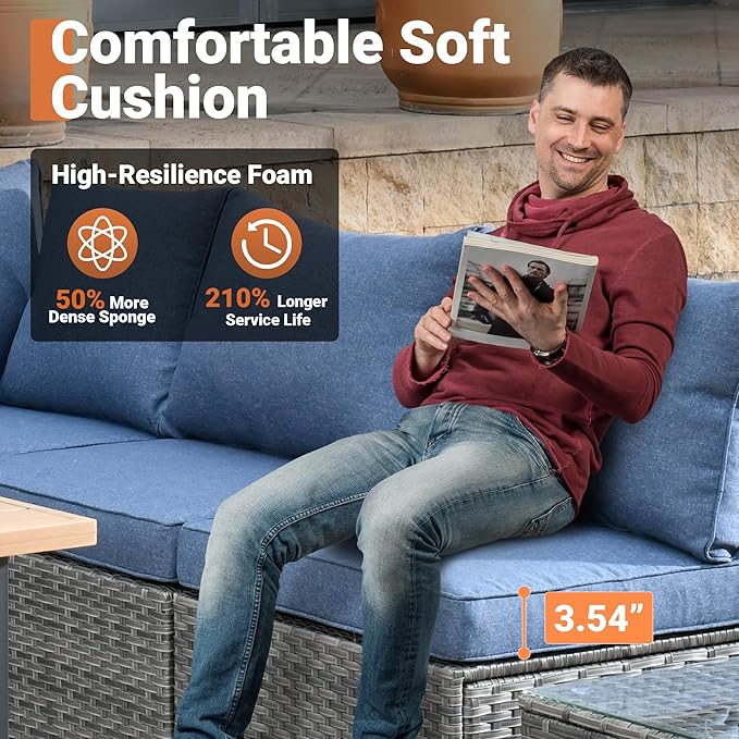 ovios Outdoor 5 Piece Coversation Set with Coffee Table,Sectional Patio Furniture Set with All-Weather Wicker Sofa,Modern Outside Couch for Balcony Backyard Pool, Blue