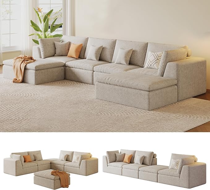 138" Modular Sectional Sofa with Deep Seat,Oversized U-Shaped Cloud Couch for Living Room 4-Seater with 2 Ottomans, Boneless Memory Foam Teddy Fleece Sofa,No Tools Assembly Required(Beige,2 Ottomans)
