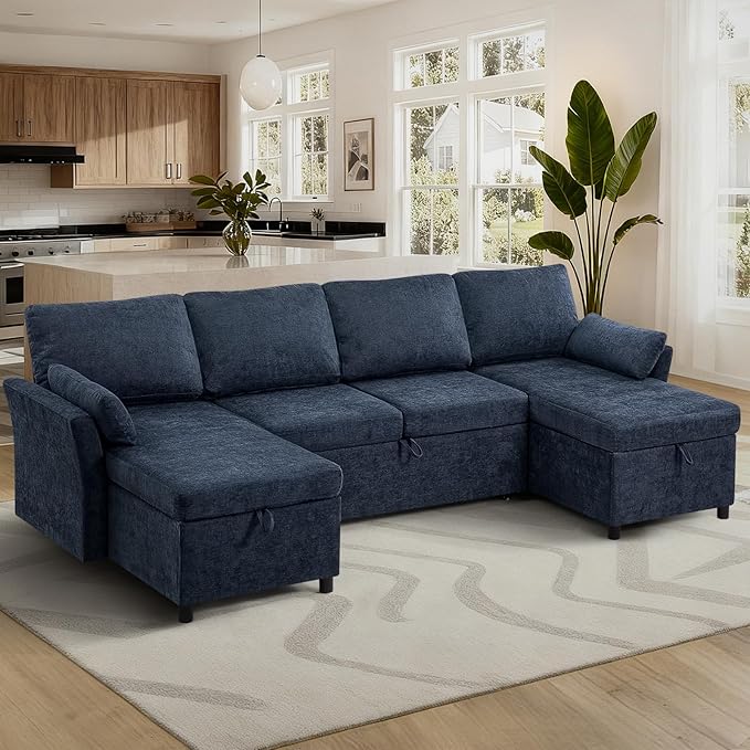 ACMEASE 107 Inches Fabric Sectional Sofa with Pull Out Sofa Bed, Modern U Shaped Sofa with Throw Pillows, Comfortable Sleeper Couch with Storage Chaise for Living Room, Blue