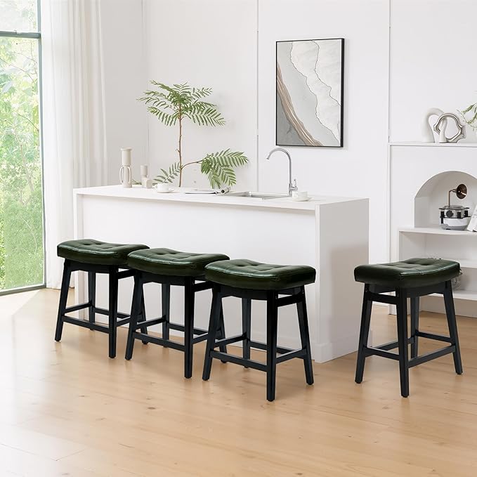 RNKSFX Counter Height Bar Stools Set of 2 for Kitchen Counter Farmhouse Modern Barstools with Faux Leather Upholstered Backless Seat and Solid Wood Legs 24 inch Bar Chairs, Green + Black