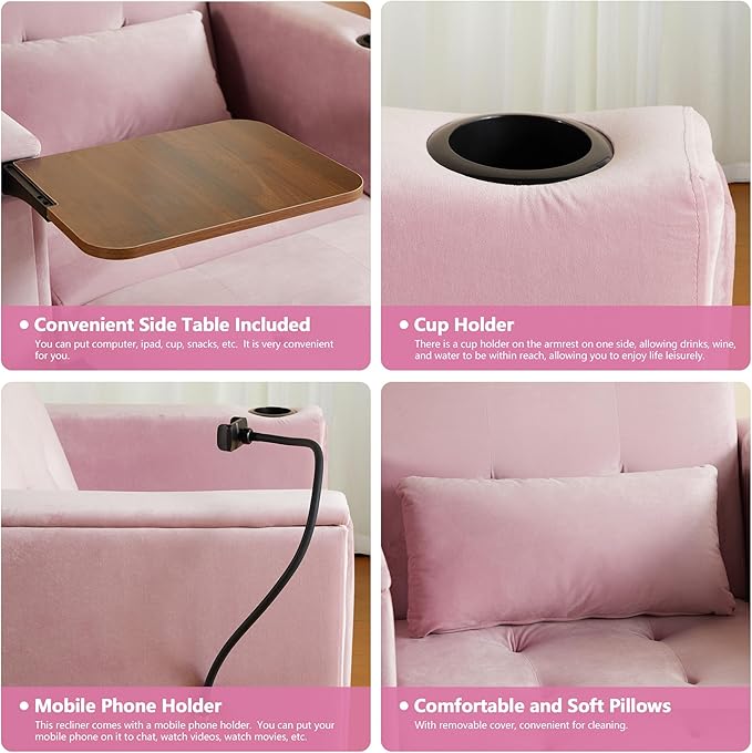 Velvet Convertible Chair Bed, 3 in 1 Multi-Functional Lounge Chair Sleeper, Pull Out Couch Guest Bed with Hidden Table and Adjustable Backrest for Living Room Small Space Apartment (Pink)