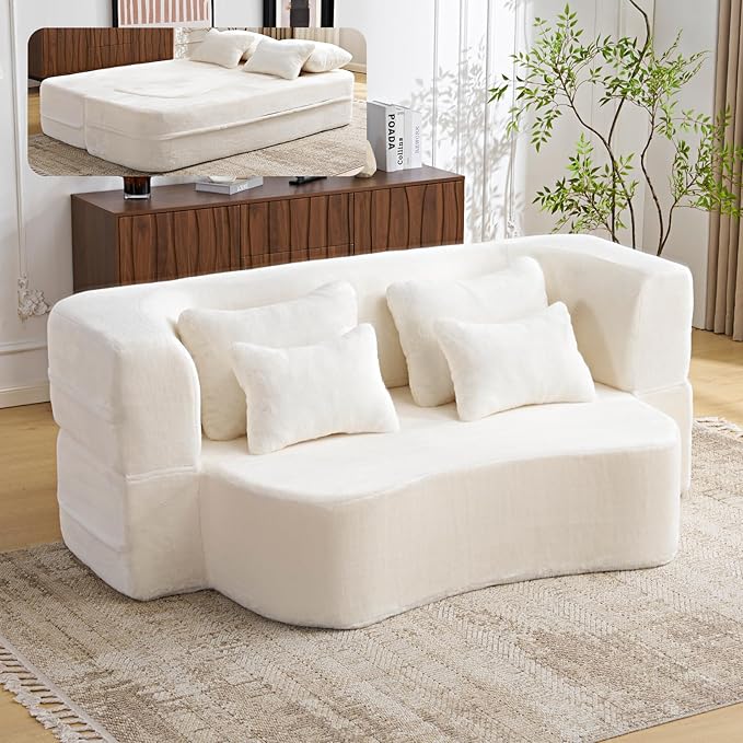 Orynveela Convertible Folding Sofa Bed, 78” Full Size Floor Sleeper Couch, Chenille Full Foam Curved Back Futon Loveseat for Living Room Bedroom, No Assembly (Beige White)