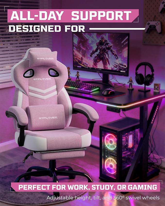 GTPLAYER Gaming Chair, Computer Chair with Footrest and Lumbar Support for Adults, 360°-Swivel Big & Tall Reclining Seat for Office or Gaming, Valentines Day Gift (Pink)