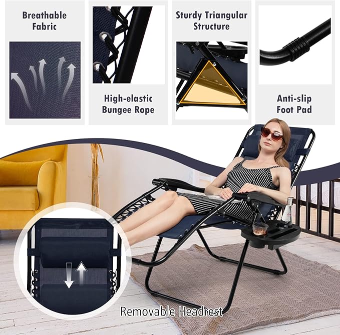 Tangkula Set of 2 Zero Gravity Chair, Folding Patio Lounge Chair Adjustable Outdoor Recliner with Cup Holder, Wide Armrest for Patio Garden Poolside Outdoor Yard Beach, Support 350 lbs (2, Navy Blue)