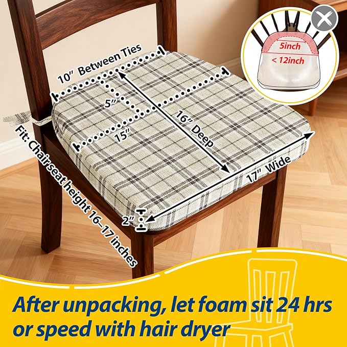 AAAAAcessories D-Shaped Chair Cushions, 2" Thick Dining Chair Pads with Ties and Removable, Machine-Washable Cover, 17" x 16", Yellow Checkered