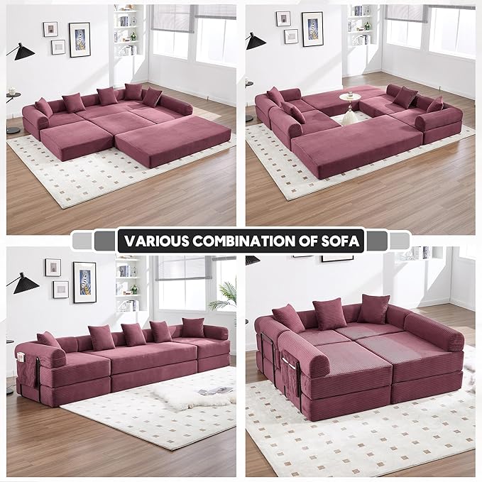 L Shape Convertible Sofa Bed with Cylindrical Pillow and Storage Pocket, Convertible Sofa Couch Bed with Support Frame for Living Room Bedroom Children Room-Red