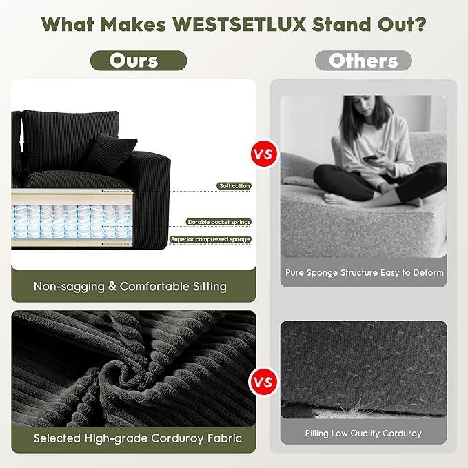 WESTSETLUX 108” Cloud Sectional Sofa Couch with High-Seat, Corduroy Modular Sofa with Oversized Chaise, High-Back Modern L-Shaped Couches for Living Room, No Assembly Required (Black)
