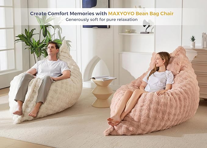 MAXYOYO Giant Bean Bag Chair with Pillow, 3 in 1 Convertible Bean Bag Chair for Adults with Removable Cover, Floor Cushion Stuffed Floor Lounger for Living Room Bedroom, Bubble Beige