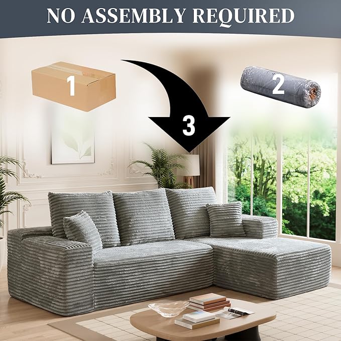 HYJT-H&K Modular Sectional Sofa Cloud Secttional Couch, 107" Comfy L Shaped Couches for Living Room, Deep Seat Memory Foam Fluffy Plush Corduroy Boneless Couch Sectionals Right Facing Sofa Chaise Grey