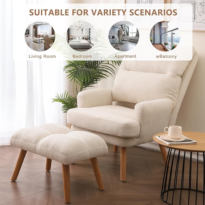 KGOPK Accent Chair with Ottoman,Comfy Armchair with Adjustable Backrest,Fabric Lounge Chair Single Sofa for Living Room,Bedroom,Office,Beige