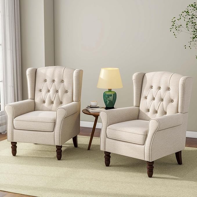 DREAMSIDEA Accent Chair, Upholstered Armchair with Button Tufted High Back & Solid Wood Legs, Comfy Wingback Reading Single Sofa Chair for Small Spaces, Living Room, Bedroom (Beige, Set of 2)