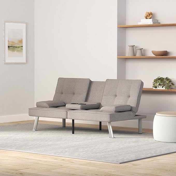 Best Choice Products Linen Modern Folding Futon, Reclining Sofa Bed for Apartment, Dorm w/Removable Armrests, 2 Cupholders - Light Gray