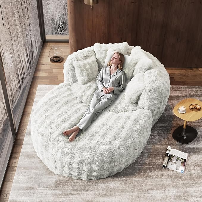 Oversized Chaise Lounge Chair Indoor with Ottoman 55" W x 75" L Round Reading Chair Plush Faux Fur Corduroy Cloud Circle Boneless Chair with 5 Pillows for Living Room - Beige White