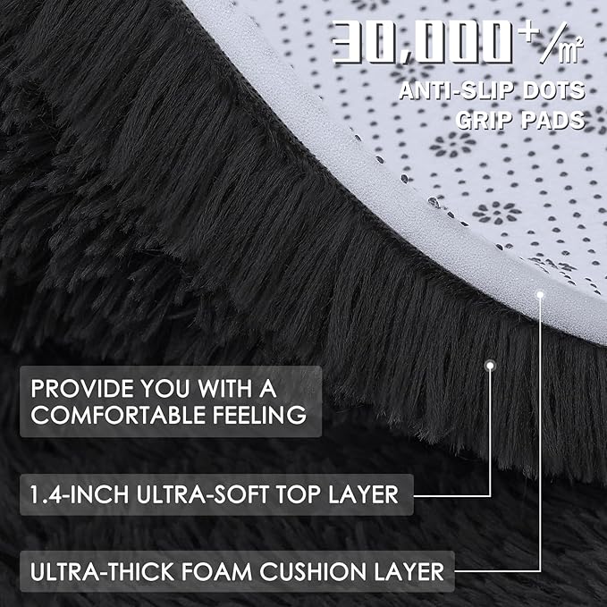 OLANLY 3x5 Machine Washable Small Bedside Rug, Soft Fluffy Shaggy Rugs for Living Room, Bedroom, Indoor Floor Carpet for Kids Girls and Boys, Preppy Dorms, Nursery, Home Decor Aesthetic, Black