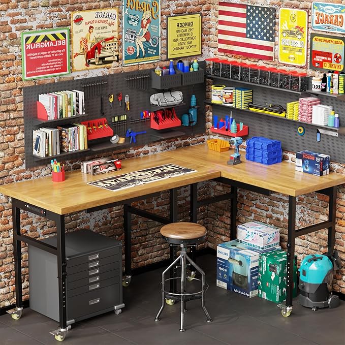 48” Heavy-Duty Solid Wood Work Bench Work Table with Wheels, Adjustable Height Portable Workbench with Power Outlets, 3000 Lbs Capacity Workstation for Garage, Workshop, Office