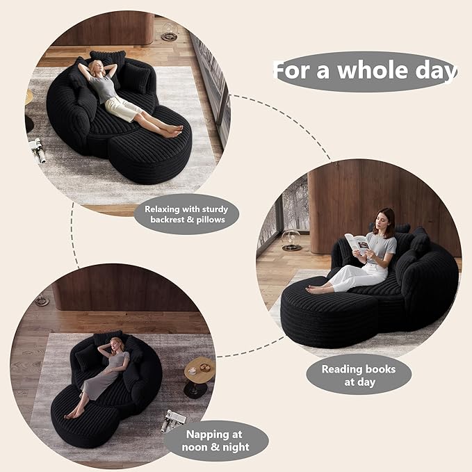 Oversized Chaise Lounge Chair Indoor with Ottoman 50.5" W x 67.0" D Round Soft Corduroy Comfy Oversized Reading Chair with 5 Pillows for Living, Reading Room - Black