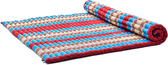 Leewadee - Foldable Floor Mattress - Japanese Roll Up Futon -Trifold Tatami Mat- Guest Floor Bed - Camping Mattress - Thai Massage Mat, Kapok Filled, 75 x 57 inches, Blue Red