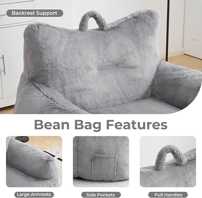 Giant Bean Bag Chair for Adults, Oversized Bean Bag with Filling Plush Fluffy,BeanBag Lazy Sofa Couch with Armrest for Living Room, Cat Shaped Beanbag Couch with Sidepocket for Bedroom,Grey