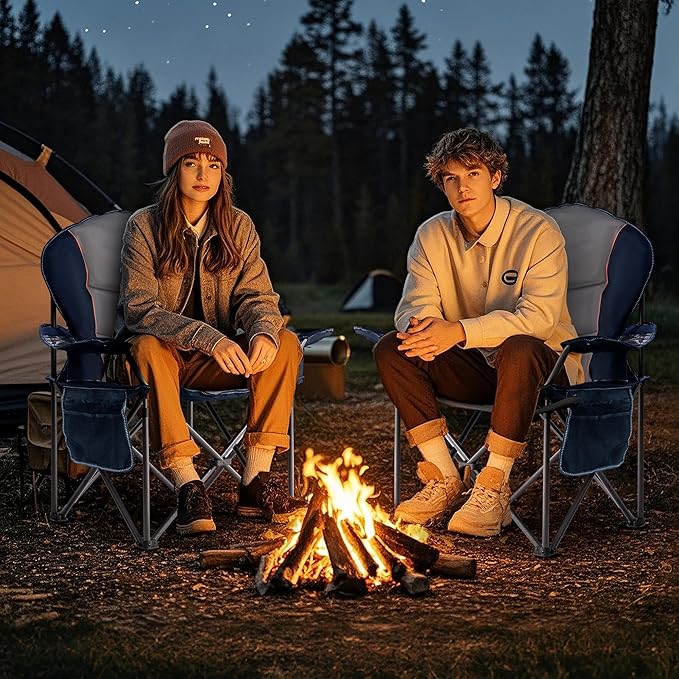 Oversized Camping Chair Heavy Duty 500LB - Portable Folding Chair with Cooler Bag, Cup Holder & Waterproof Phone Case for Adults, Beach, Hiking, Backyard (Blue & Gray, 2 PCS)