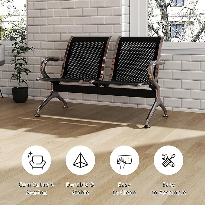 Kinfant Waiting Room Chair Bench Set - 2-Seat Office Guest Benches Reception Chairs with Arms for Airport, Hospital, Bank, Salon, Barbershop, Hall, Room Conference(Black Mesh)