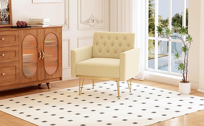 Accent Chair for Living Room, Comfy Oversized Velvet Upholstered Arm Chairs, Mid Century Modern Reading Single Sofa Side Chair with Tufted Back and Gold Legs for Bedroom (2, Beige)