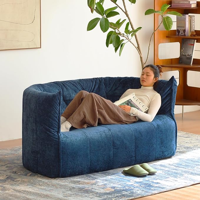 N&V Mid Century Brigantin Deep Relaxation Sofa, Soft Premium Chenille, for Living Room Bedroom and Office (Blue, ThreeSeater)