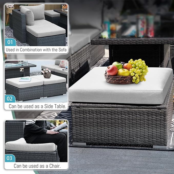 RADIATA 10Piece Wicker Patio Furniture Set with Fire Pit, All-Weather Outdoor Sectional Couch High Back Large Size, Modular Backyard Seating Sofa Set with Propane/Natural Gas Firepit Table, Light Grey