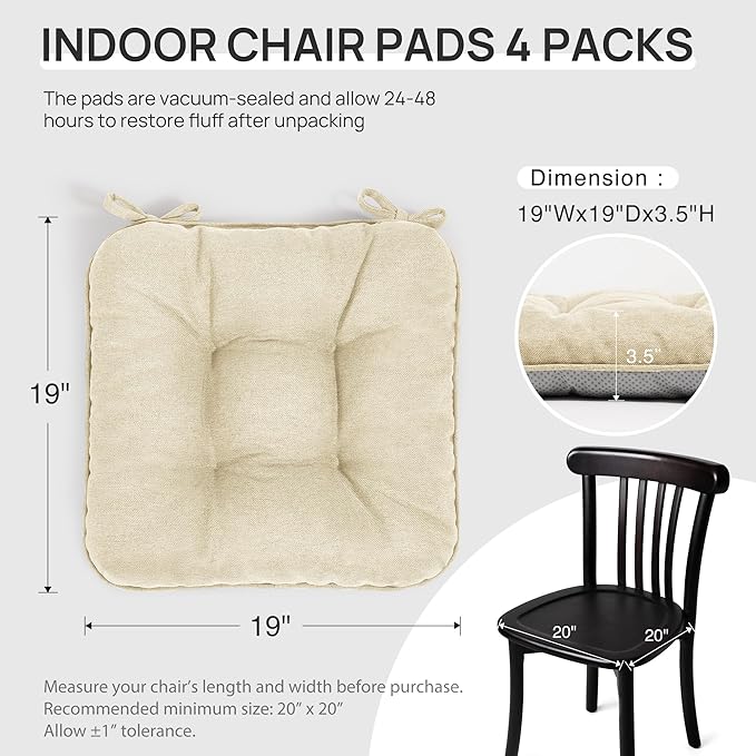Love's cabin Memory Foam Chair Cushions Set of 4, Outdoor/Indoor Chair Pads for Dining Chairs 4 Pack, Seat Cushions for Kitchen, Dining Room, Office, Patio Chairs, 19"x19"x3.5" Beige