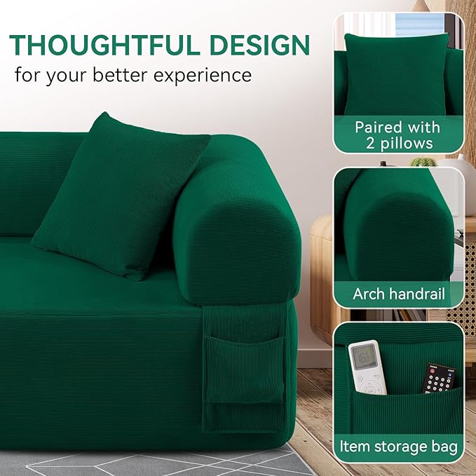 83" Boneless Couch, 3 Seater Sofa with 2 Matching Pillows Compact Corduroy Couches for Living Room Side Storage Pockets, Floor Sofa with Removable Armrests, No Assembly Required, Green
