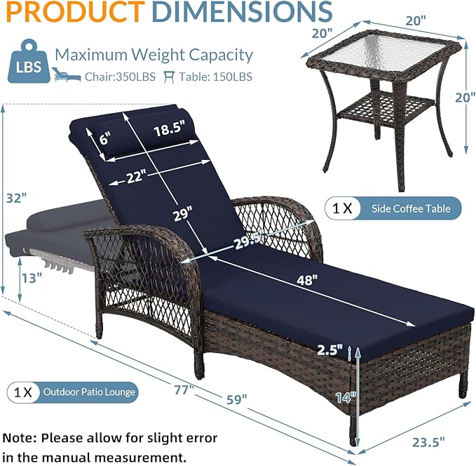 WINGTU Outdoor Chaise Lounge Chair with Side Table, All Weather PE Rattan Patio Lounge Chair with Cushion, 6-Positions Adjustable Pool Sunbathing Recliner for Poolside, Armrest & Pillow, Navy Blue