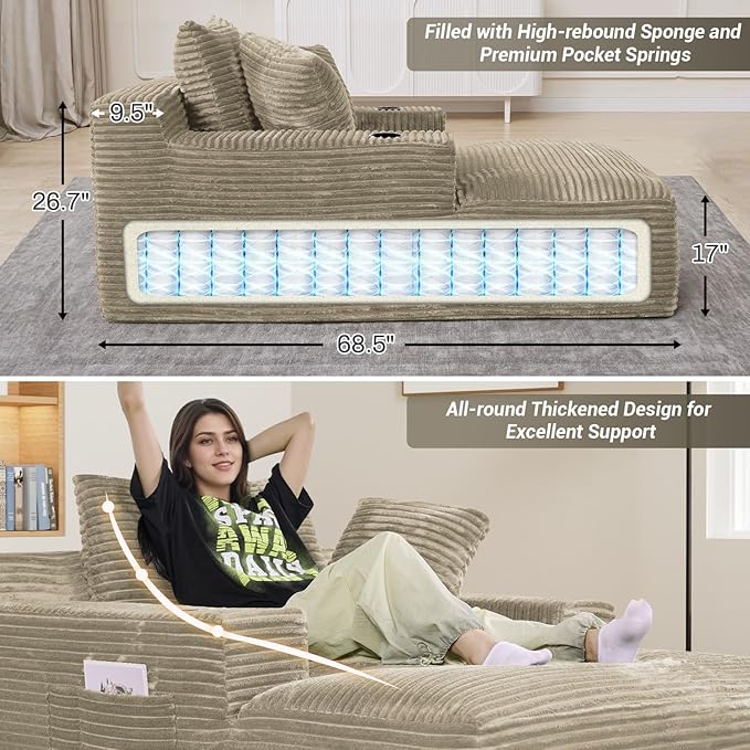 50"W x 68"D Oversized Chaise Lounge Chair Indoor Boneless Reading Chair Plush Corduroy Recliner with Cup Holders Large Deep Seat Comfy Sofa Bed with 3 Pillows for Living Room Bedroom, Light Camel