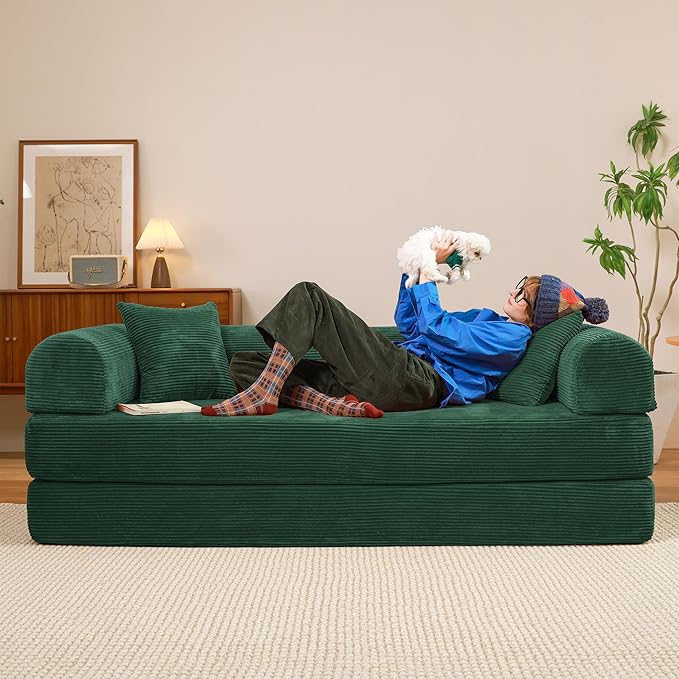 79" Convertible Sofa Bed, Boneless Corduroy Sleeper Foldable Modular Couch, Memory Foam Compressed Sofa, Folding Mattress Floor Couch for Small Space Living Room Apartment Bedroom, Hunter Green