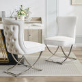 WUTUTUEE Luxury Velvet Dining Chairs, Tufted Upholstered Armless Accent Chairs with Silver Metal X-Legs, Modern Glam Dining Room Chair Set of 2, Beige