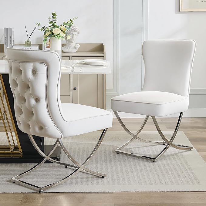 WUTUTUEE Luxury Velvet Dining Chairs, Tufted Upholstered Armless Accent Chairs with Silver Metal X-Legs, Modern Glam Dining Room Chair Set of 2, Beige