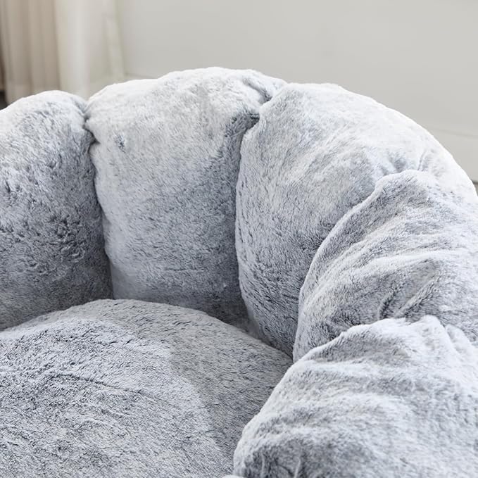 LukeAlon Faux Fur Bean Bag Chair with Filler & Petal Armrest Fluffy Floor Sofa Chair for Adults, 44"×44"×26" Cozy Seating for Bedroom, Living Room, Game Room (Grey)