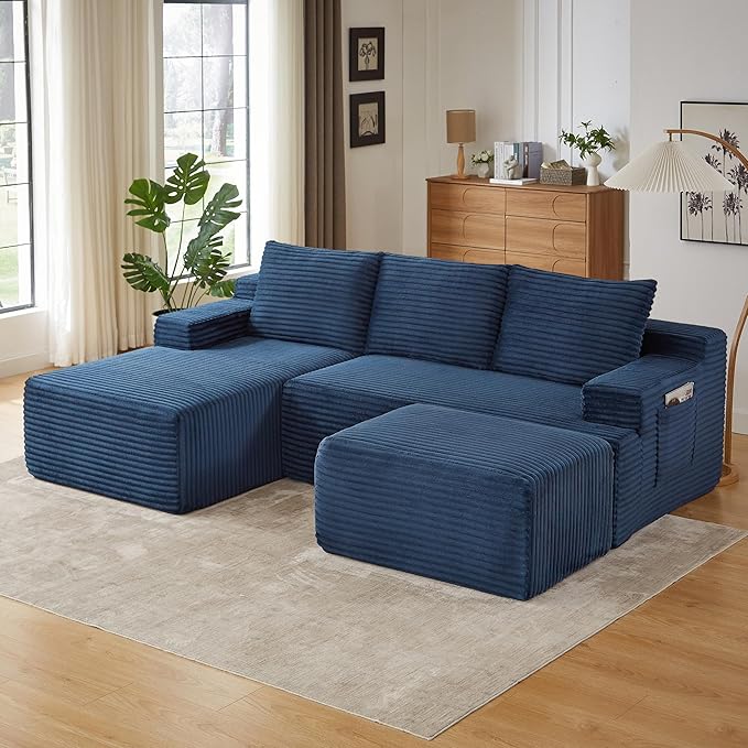 96" Sectional Couches for Living Room Cloud Couch Sofa with L-Shape Upholstered Boneless Couchs Modern Modular Sectional Couch with Chaise (Bule, 96" W+Left Facing Chaise+2Seaters+Ottoman)