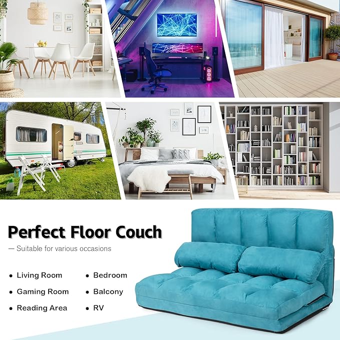 KOMFOTT Adjustable Floor Sofa Bed, Foldable Lazy Sofa Sleeper with 6 Position Backrest & 2 Pillows, Convertible Futon Couch with Suede Cloth Cover, Lounge Recliner for Living Room