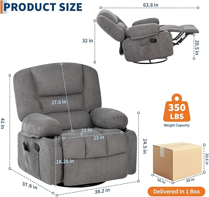 Rocker Recliner Chairs for Adults w/Vibration Massage and Heating,360° Swivel Rocker Glider Recliner,Extra Wide Manual Lazy Chair,Chenille Fabric Sofa Chair for Living Room,Bedroom Grey