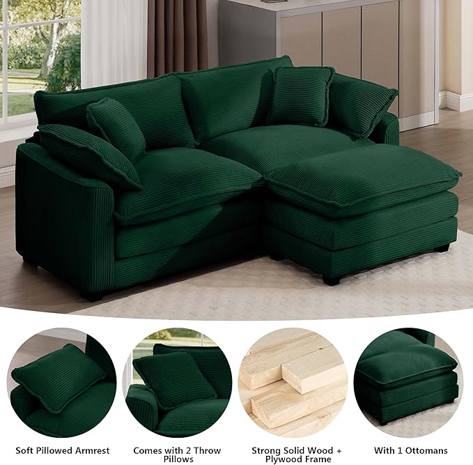 Aoowow Corduroy Loveseat Couch with Ottoman,Modern 2 Seater Cloud Couches for Living Room,Modular Sectional Cloud Sofas Deep Seat,Large L-Shaped Couch for Small Spaces (Green, 2 Seater + 1 Ottoman)