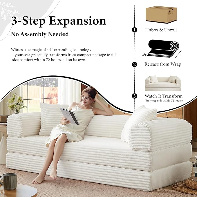 Chorlenimi Boneless Couch Futon Sofa Bed Sectional Couches for Living Room,Cloud Couch with Sleeper Sofa,Sofas for Living Room Oversized Corduroy Upholstered (White, 76 Inches (No Iron Frame))